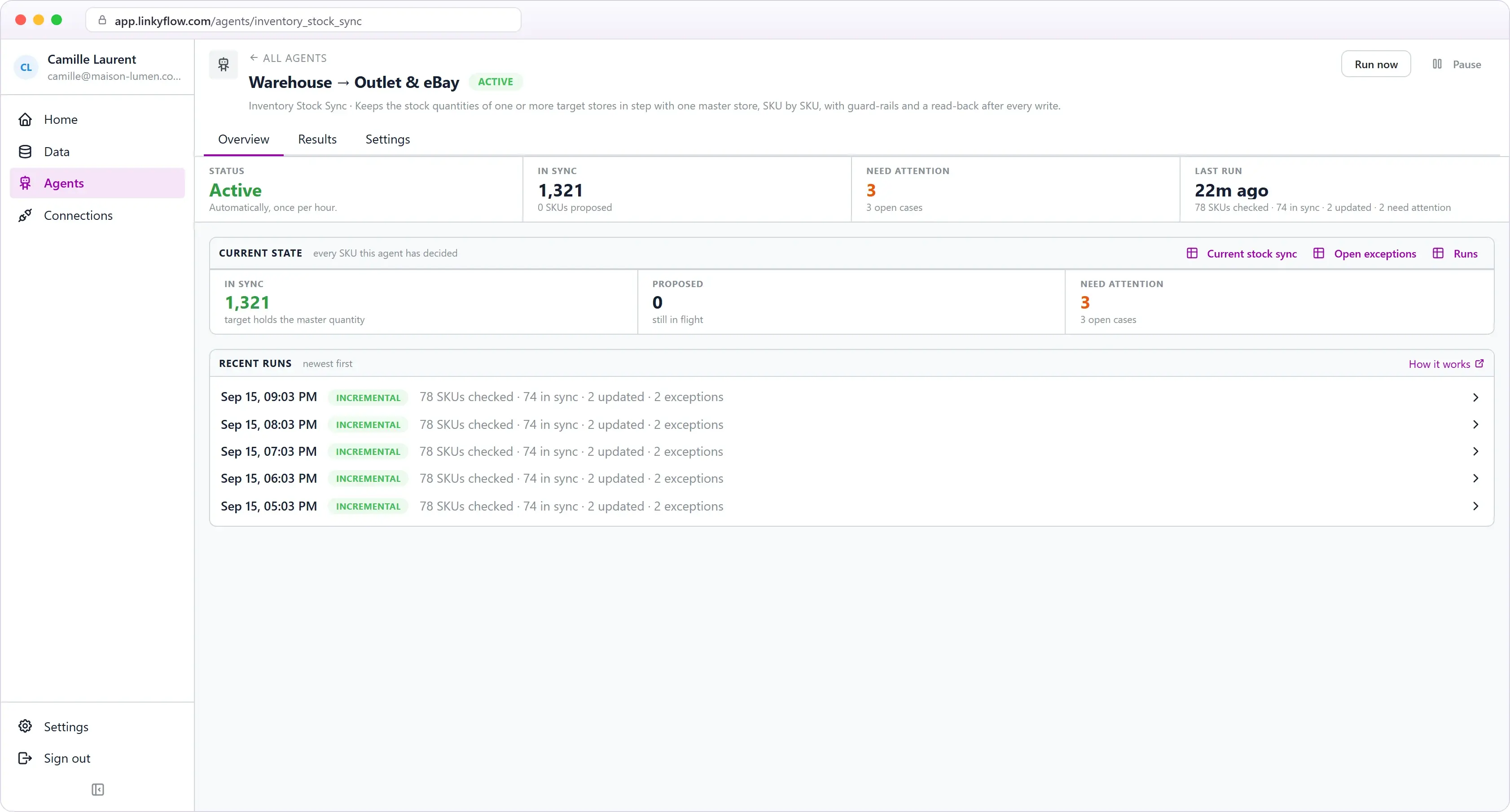 Inventory Stock Sync agent overview in LinkyFlow