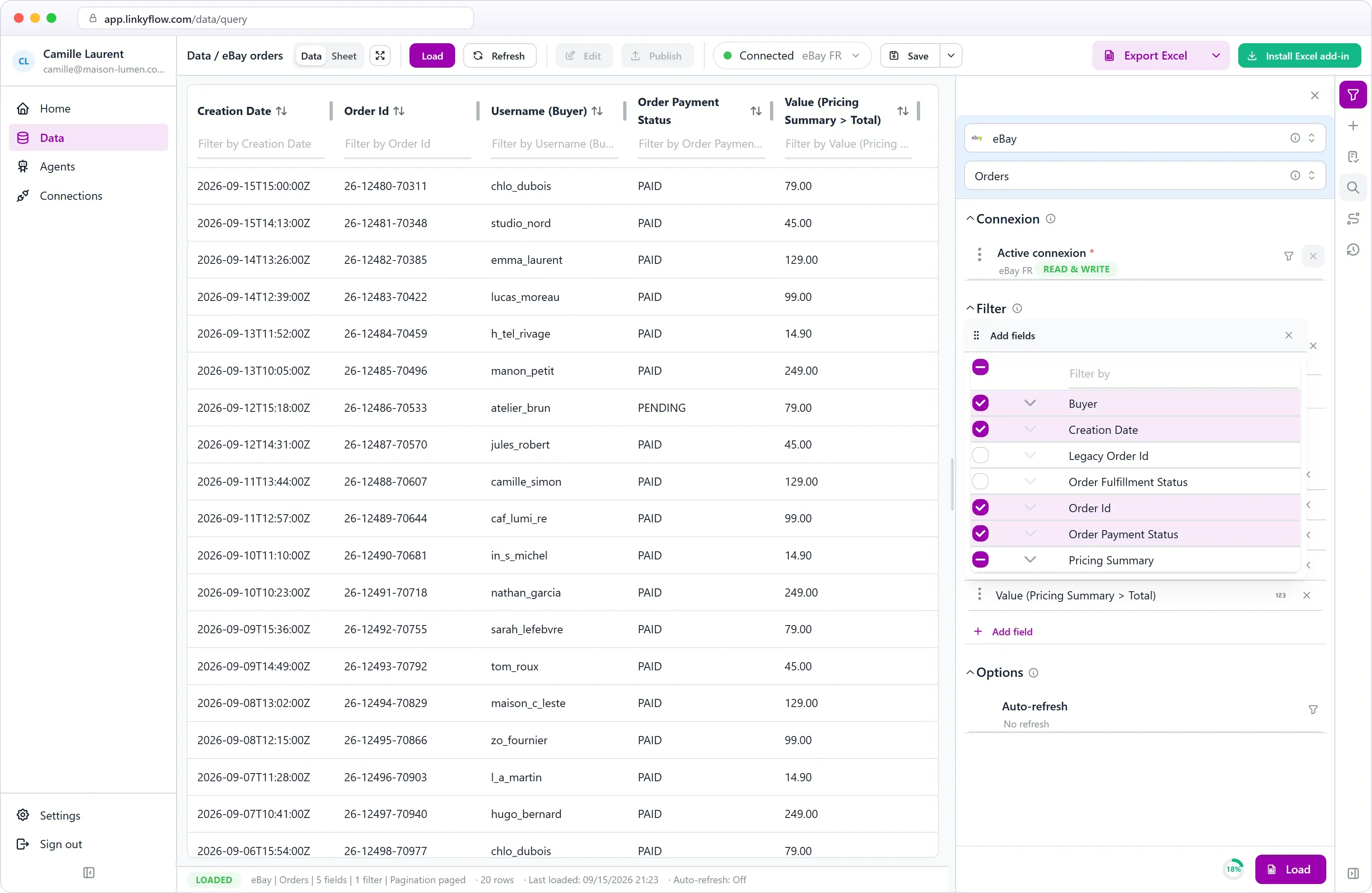 eBay orders query with pagination and field selection in LinkyFlow