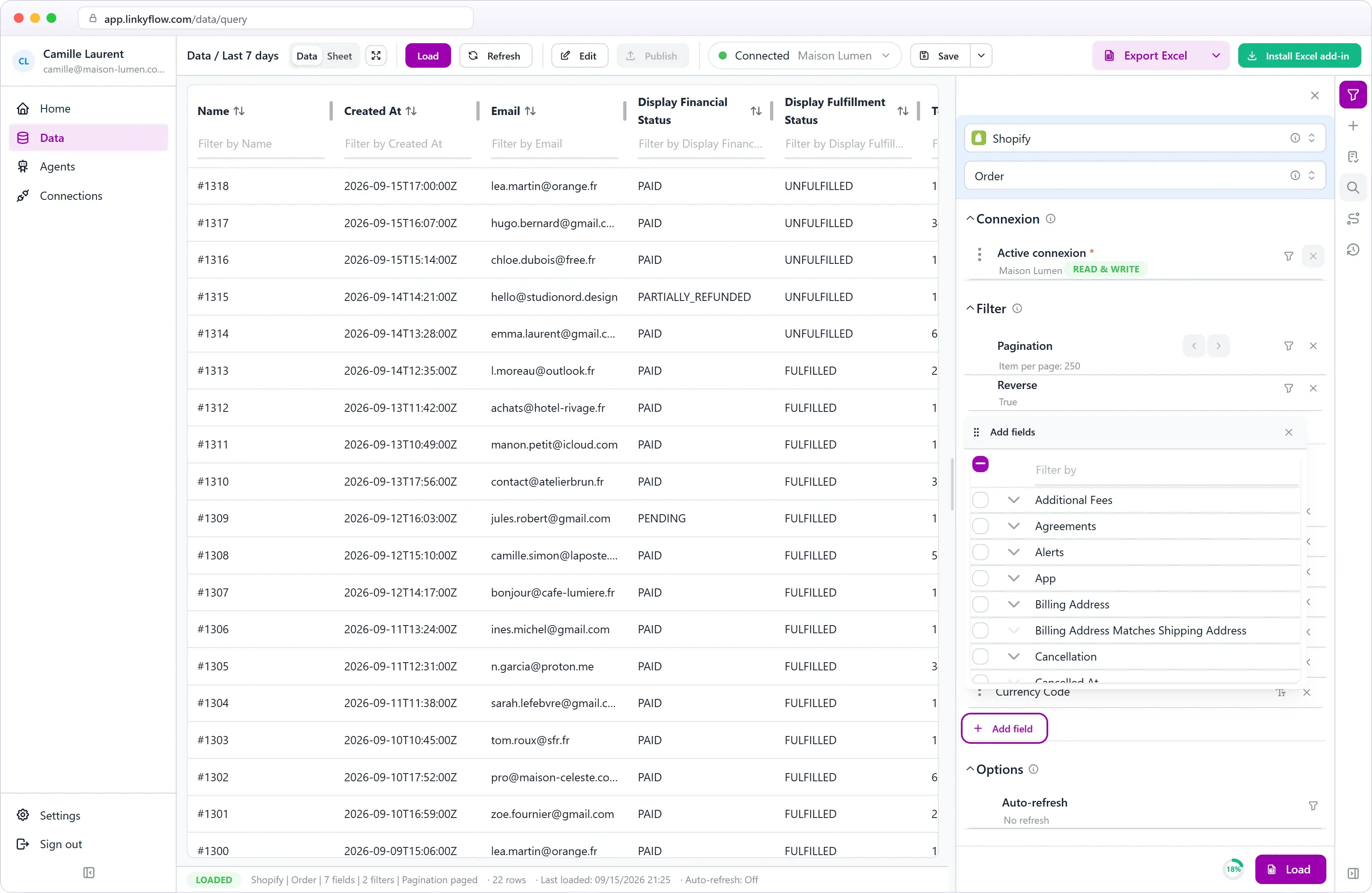 Nested Shopify order fields in the LinkyFlow field picker
