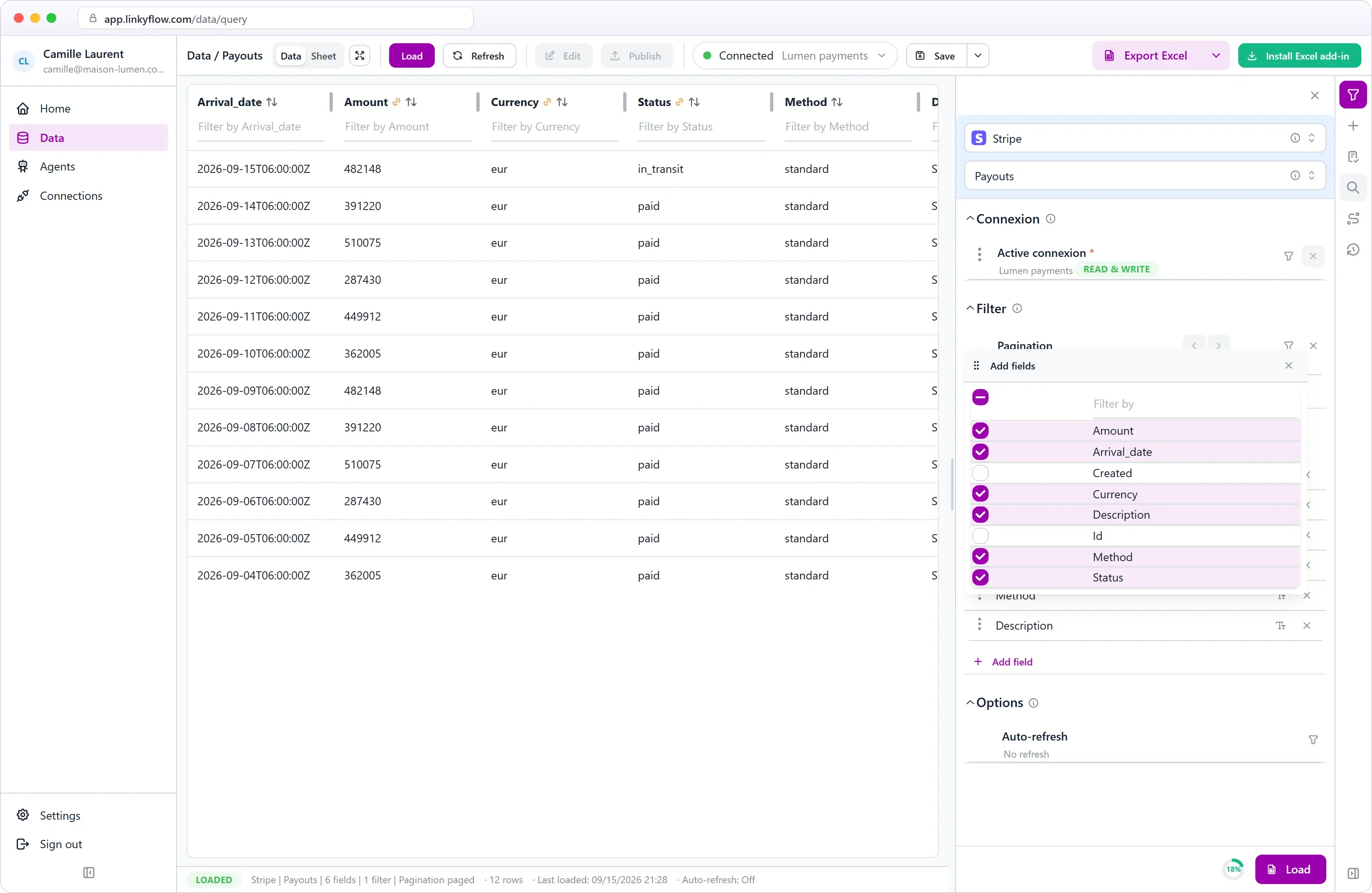 Stripe payouts query with pagination and field selection in LinkyFlow