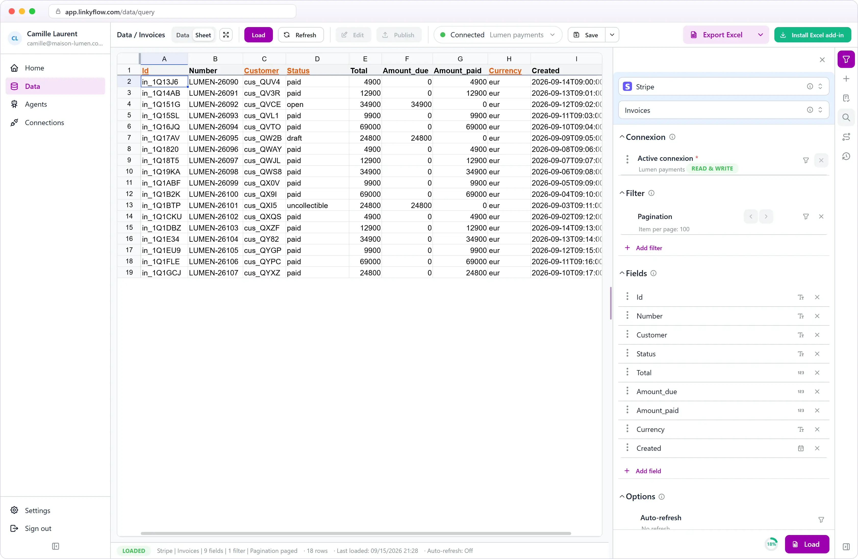 Stripe invoices in the LinkyFlow spreadsheet view