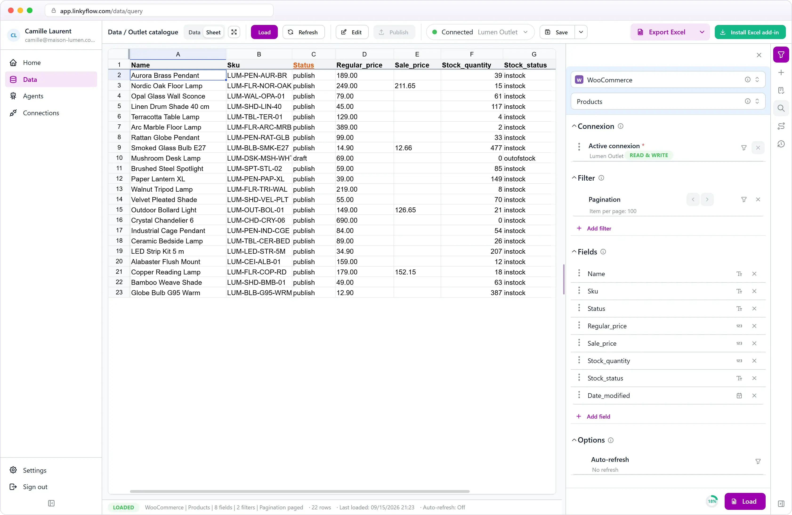 WooCommerce products in the LinkyFlow spreadsheet view