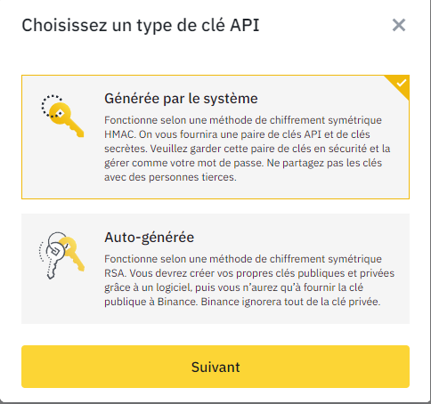 Binance API key generation options