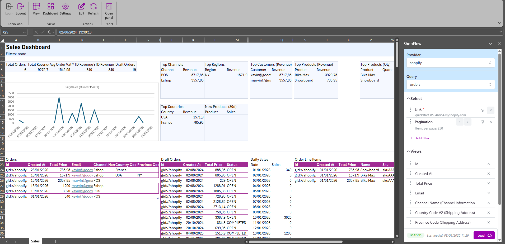 ShopFlow Shopify dashboard in Excel