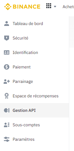 Binance menu with gestion api