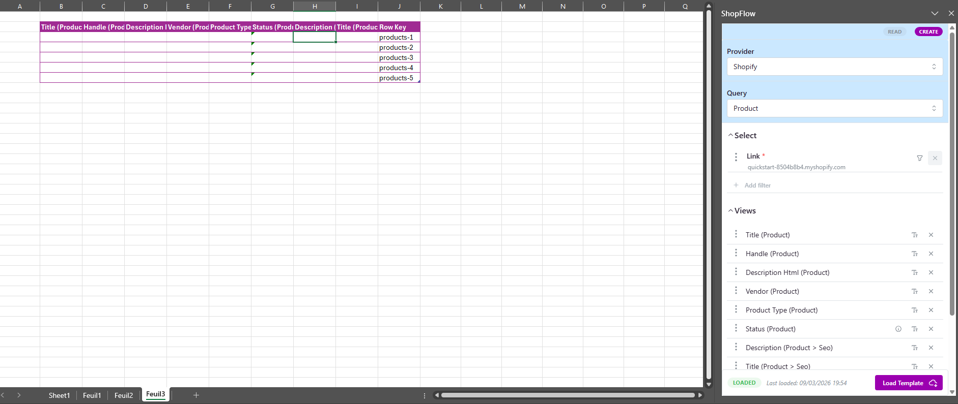 Products create template with selected fields