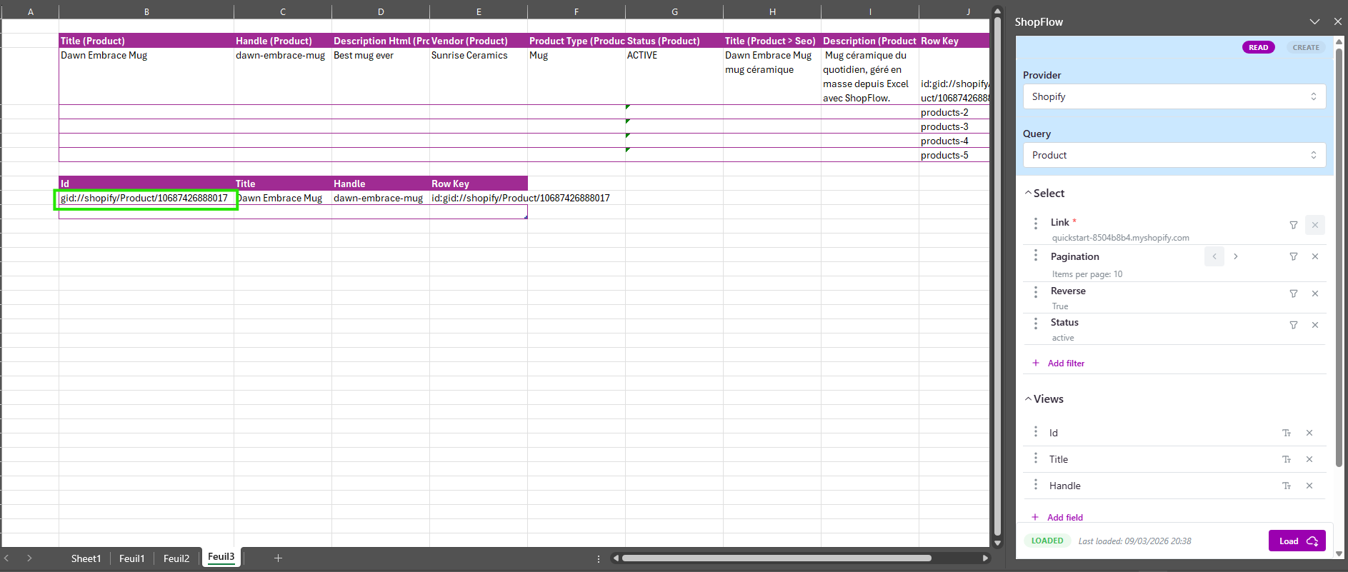 Products read query with id title handle