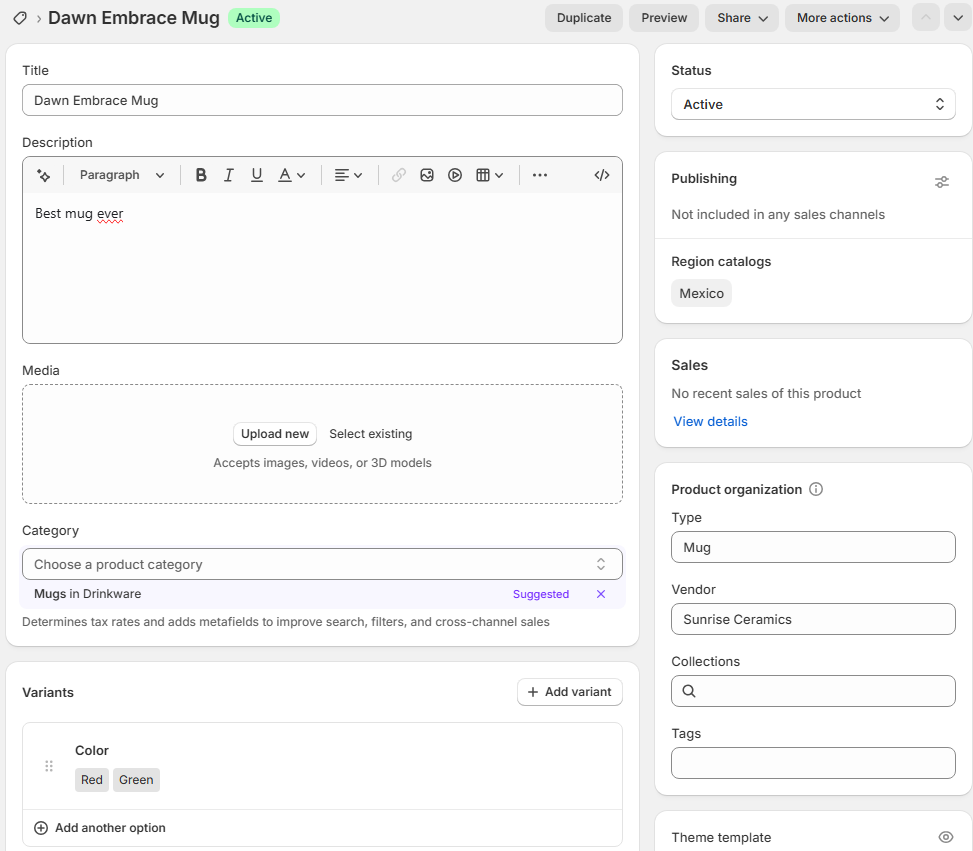 Created product shown in Shopify admin